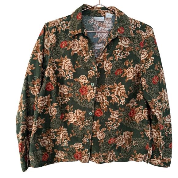 Erika Floral Corduroy Long Sleeve Button Up Jacket Coastal Grandma Boho Size L - Picture 1 of 4